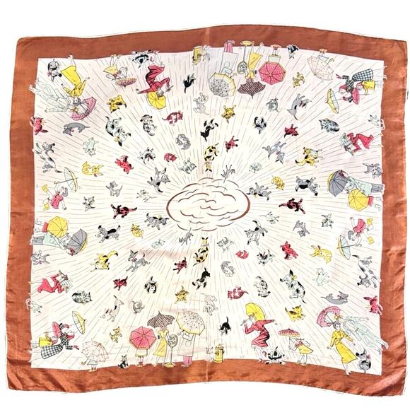 Silk Hand Rolled Raining Cats and Dogs Vintage Scarf RARE - Picture 1 of 14